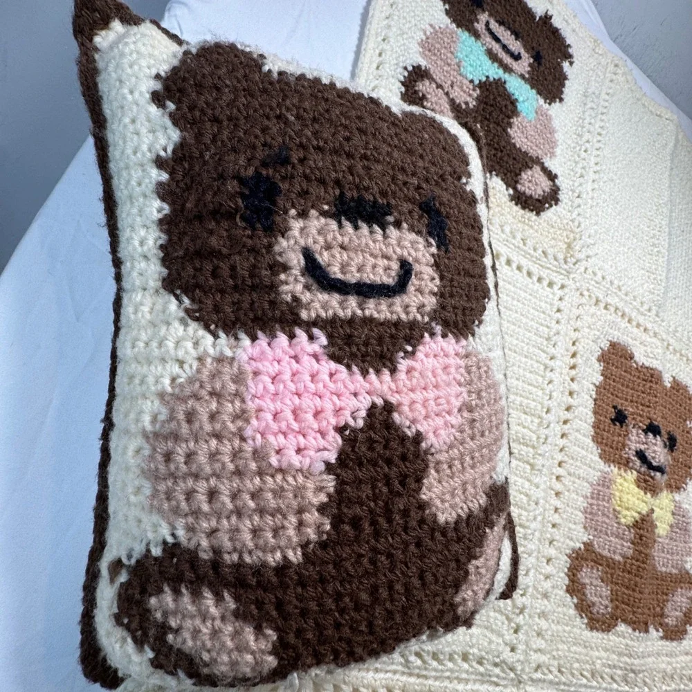 Vintage Crochet Teddy Bear Baby Blanket Pillow Set Handmade Cream Pastel 39 x 32